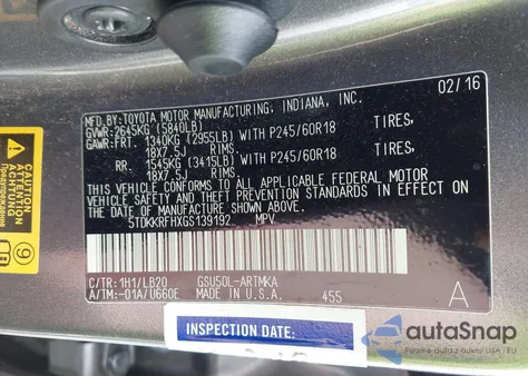 2016 Toyota Highlander Xle V6 из США, поврежденный, VIN 5TDKKRFHXGS139192